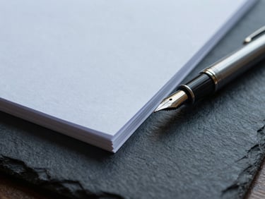 Tight macro shot of heavy textured paper and a fountain pen on a dark slate desk, cool overcast light, architectural depth.
