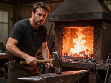 A blacksmith in a dark workshop lit only by the orange glow of a coal forge, holding a heavy hammer over an anvil, looking directly at the camera.