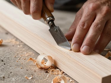 Extreme close-up of a woodworker's hands using a traditional drawknife to shape a white oak timber, wood shavings curled on a dusty concrete floor.