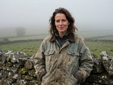 A woman with a direct, unsmiling expression standing in a foggy Yorkshire field, wearing a weathered canvas jacket, leaning against a dry-stone wall.
