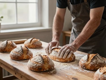 A baker with flour-dusted forearms shaping sourdough loaves on a thick wooden bench under soft morning light from a high window.