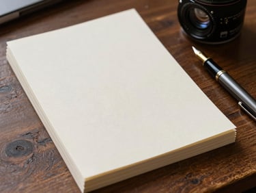 A stack of raw, unedited interview transcripts printed on heavy cream paper, resting on a dark timber workbench next to a vintage fountain pen
