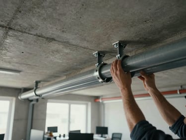 Wide shot of commercial electrical conduit installation on exposed concrete ceiling of a small office, worker hands securing conduit clamps under daylight-balanced site lighting