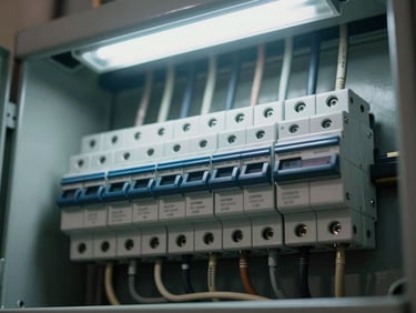 Close-up overhead of residential circuit breaker panel with labeled breakers and neat wiring under cool fluorescent light, meter box visible in background