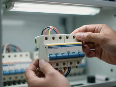 Close-up of hands replacing an old ceramic fuse block with a modern DIN-rail circuit breaker, wiring organized with cable ties, clinical overhead fluorescent light