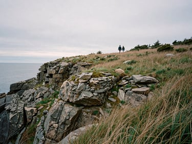 Wide-angle panoramic shot of a rugged, grassy coastal cliff in Maine under overcast, soft natural light. A couple walks hand-in-hand in the distance, their figures small against the vast landscape. Medium-format film texture with visible grain.