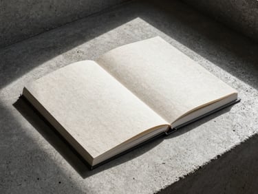 A minimalist flat lay of a custom-bound raw linen photo book resting on a textured concrete surface, hard architectural shadows cutting across the frame, high-contrast natural light.