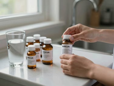 Caregiver's hands arranging labeled medication bottles on a kitchen counter beside a glass of water, soft natural light from a nearby window, organized and calm