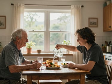 Warm natural light from a kitchen window, a caregiver and an elderly man sitting together at a small dining table sharing a meal, caregiver pouring water, genuine conversation visible — not posed, real home setting