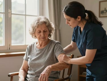 A caregiver steadying an older woman's arm as she rises from a chair near a sunlit window, both figures calm and focused, warm natural indoor light