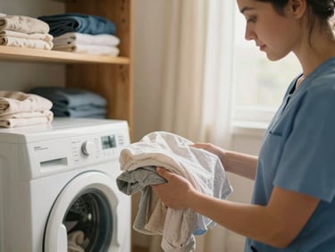 A caregiver folding laundry in a tidy home laundry room, warm incandescent light, domestic and focused, client's personal items visible on a shelf nearby