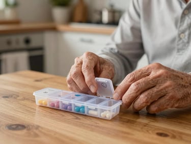 Close detail shot, warm natural light, caregiver hands helping an elderly person open a weekly pill organizer on a wooden kitchen table, soft focus background of a home kitchen