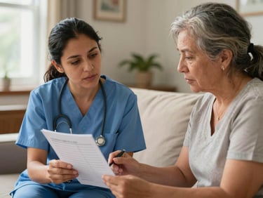 Close environmental shot of a Hispanic female caregiver in a home training setting, seated across from an experienced older caregiver reviewing a medication log together, warm window light from the left, both looking down at the papers with focused expressions, natural home interior in background