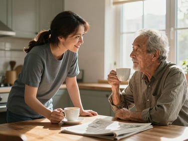 A caregiver and an older man sitting together at a kitchen table sharing coffee, both relaxed and mid-conversation, warm afternoon window light, a newspaper visible on the table