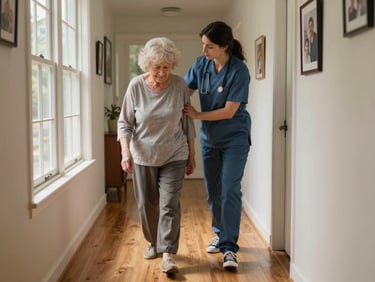 Environmental shot, warm window light, a caregiver steadying an older woman as she walks down a hallway in a home, one hand gently on her back, both figures in motion, real hardwood floors and family photos on the wall visible