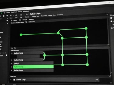 Monochrome screen capture of a node-based logic editor for Aether Loop game, neon green connection lines, dark developer UI