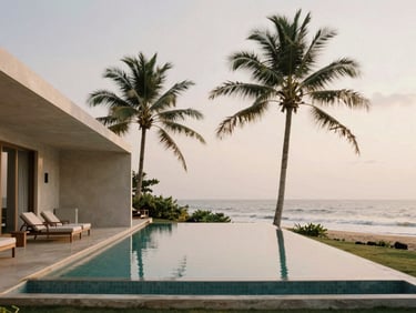 Luxury beachfront villa on the southern coast of Sri Lanka, infinity pool, palm trees, ocean view, soft morning light, minimalist architecture, medium-format film.