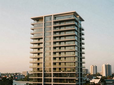 Modern minimalist high-rise apartment with full glass facade overlooking Colombo city skyline at golden hour, clean lines, medium-format film.