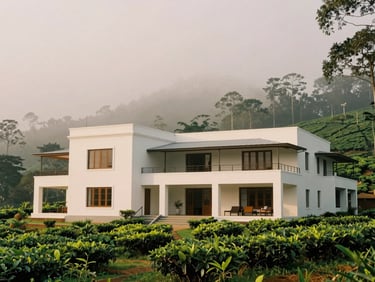 Elegant hill country estate in Sri Lanka, surrounded by tea plantations, mist, colonial-inspired architecture, soft overcast light, medium-format film.