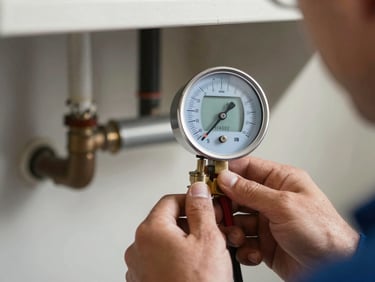 Close-up of an HVAC technician measuring static pressure in a residential duct system using a digital manometer, crisp lighting, focus on the digital diagnostic display.