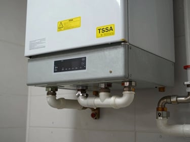 Close-up of a newly installed high-efficiency gas furnace in a clean basement, showing neat sheet metal transitions, a clearly visible yellow TSSA tag, and precision-run PVC venting lines.
