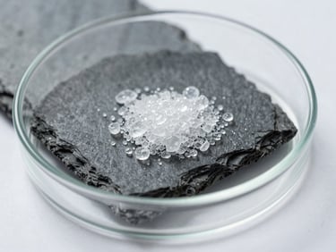 Macro photography of a clean glass petri dish under cool daylight, sharp focus on crystalline structures, slate and white tones.