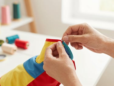 Close-up of artisan hands carefully stitching a colorful pet garment in a bright workshop, soft natural light, warm atmosphere