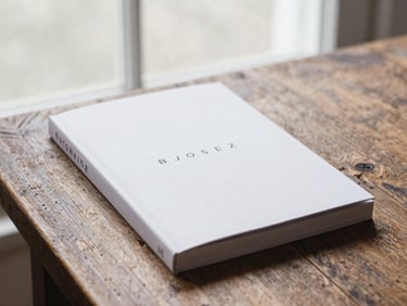 A beautiful book cover with minimalist typography lying on a weathered wooden table under soft window light.