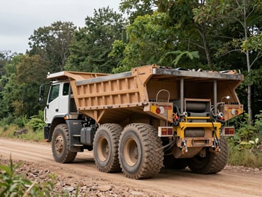 Heavy duty logging truck on a dirt road, forest background, overcast daylight.