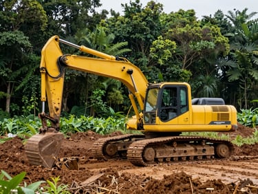 Yellow crawler excavator operating in a plantation clearing, rich earth tones.