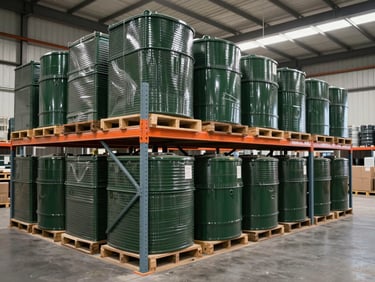 Interior of a modern logistics warehouse with industrial spare parts neatly stacked on high racks.