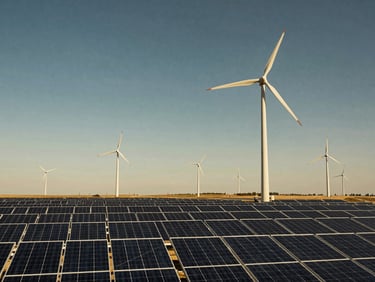 Expansive field of modern wind turbines and solar panels against a clear sky, wide-angle architectural lens, warm gold tones