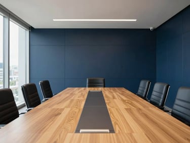 Crisp architectural interior of a confidential executive meeting room, deep navy tones, natural daylight, 35mm.