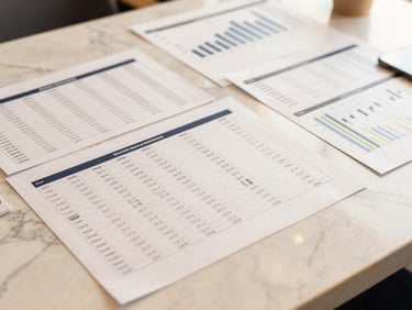 Close-up of structured financial models and project documentation on a clean marble desk, warm champagne gold lighting, editorial business style.