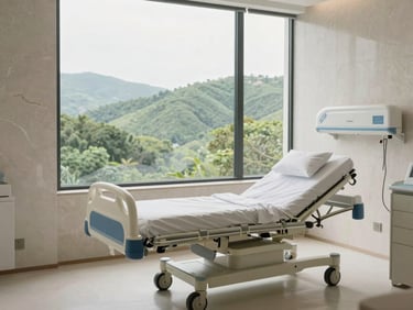 Serene private recovery suite overlooking lush hills, minimalist travertine walls, soft natural daylight, premium medical bed.