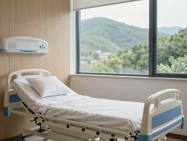 A bright, pristine private recovery suite with a modern medical bed, minimalist wood paneling, and a large window showing lush green hills.