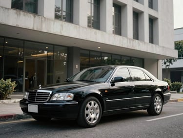 A premium private black car waiting outside a modern architectural building in San Salvador, soft natural daylight.