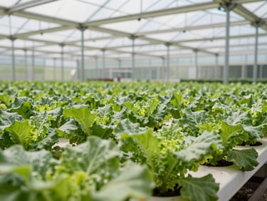 Modern, structured greenhouse with automated irrigation systems and healthy green crop leaves, natural bright light