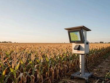Cosechadora moderna equipada con GPS trabajando en un campo de soja infinito bajo un cielo despejado.