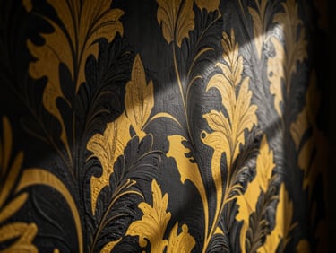 Close-up crop of premium textured wallpaper with bold matte black patterns and gold-yellow accents, dramatic side light