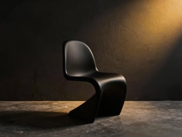 A single minimalist matte black statement chair against a dark textured wall, dramatic lighting