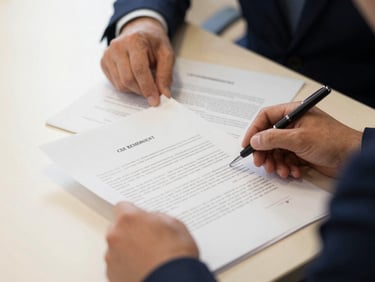 Close-up of hands reviewing documents on a desk, professional setting, warm indoor lighting, focus on a contract.