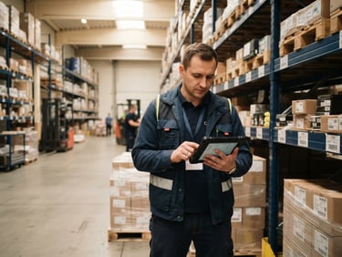 Lithuanian worker in a modern logistics warehouse, looking at a tablet, natural overcast daylight, warm cream and navy tones, 35mm lens, realistic work environment