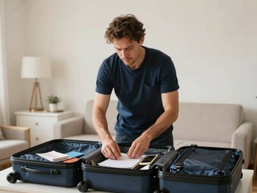 Worker packing a suitcase, thoughtful expression, clean apartment interior, soft daylight, travel documents visible.