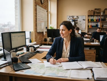 Environmental portrait of a Lithuanian logistics manager in a warm-toned office, natural overcast daylight from a side window, 35mm lens, realistic work environment, navy and cream tones