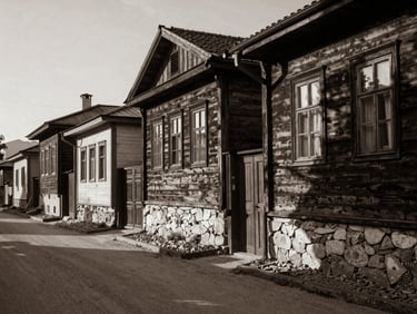 A quiet historic street in Ordu with traditional wooden houses, soft afternoon shadows, fine art documentary photography, warm hazelnut tones