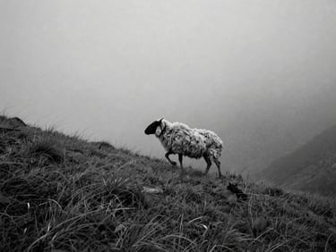 Dramatic black and white photograph of an elderly shepherd walking through thick fog on an Ordu highland ridge, wind-swept grass, medium format film aesthetic, high contrast, deep shadows