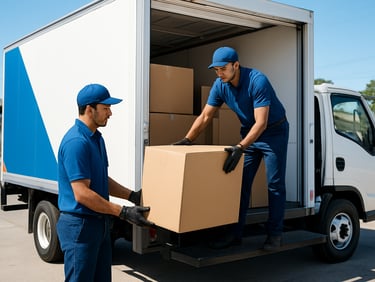 A clean modern transport truck parked on a bright daylight street in Patna, uniform-clad moving crew carefully securing double-walled corrugated boxes inside.