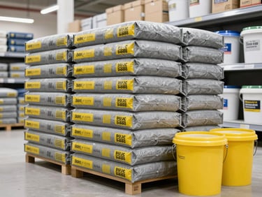 A neat stack of technical gray mortar bags and waterproofing buckets on a clean store shelf, bright warehouse lighting, high-contrast commercial shot.