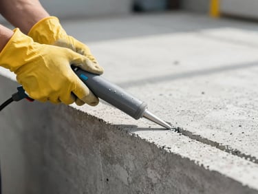 Close-up of hands in work gloves applying a gray polyurethane sealant bead into a concrete joint using a caulking gun, high-contrast daylight.